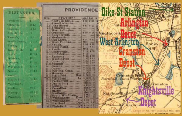 A composite image of a HP&F seat check, a New Haven Timetable, and a snippet of the Providence Quadrangle showing the area in Cranston where the railroads diverged