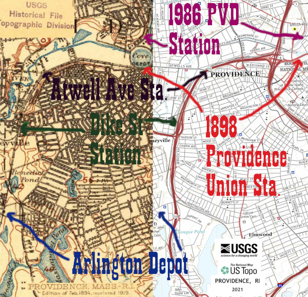 Side by side clips of the 1894 and 2021 Providence USGS quadrangles, showing the locations of the various Providence Stations
