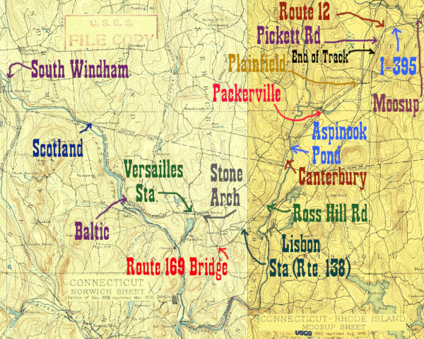 A portion of the 1890s USGS 15 minute Norwich and Moosup Quadrangles, showing the HP&F following the valley of the Quinebaug River down from Plainfield and then turning in Lisbon to go up the valley of the Shetucket to Willimantic