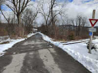 A view of the tracks on the Denning's Point crossing. The bridge over the Hudson Line is visible in the distance, which is looking east