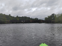 A wide view of the entire trestle over the pond, facing south