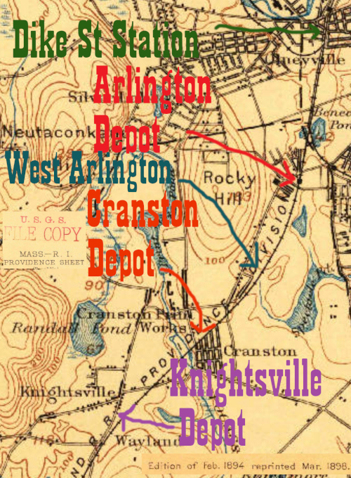 A snippet of the 1890s era USGS Providence 15 minute quadrangle, showing HP&F stations from Dike Street to Knightsville