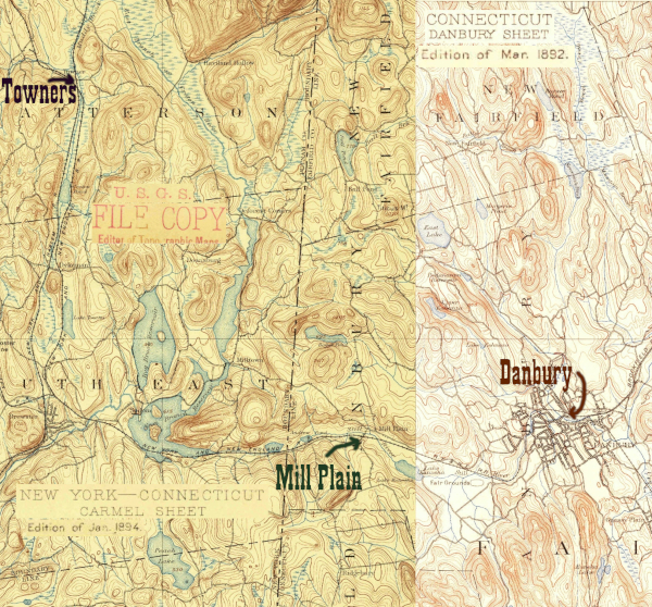 A portion of the 1890s Danbury and Carmel USGS 15 minute quadrangles, showing NY&NE stations from Danbury to Towners
