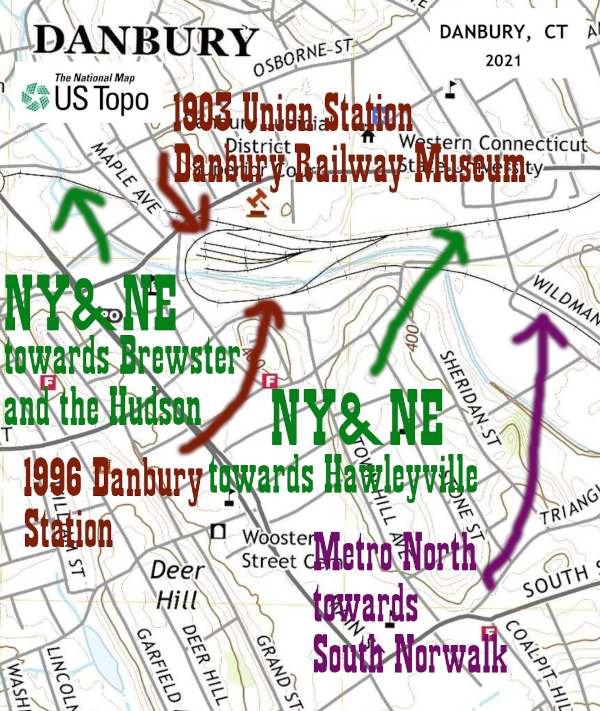 A snippet of the 2021 Danbury Quadrangle, showing the track layout at the yard