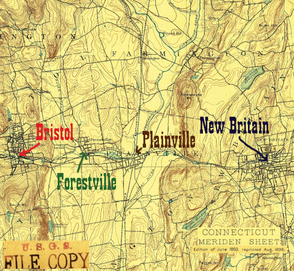 A section of the 1898 Meriden USGS quadrangle, showing NY&NE station stops from New Britain to Bristol