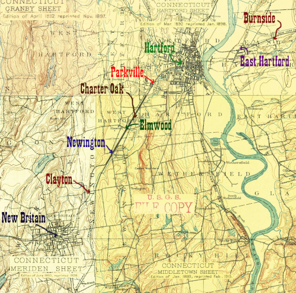 A snippet of 4 1890s USGS quadrangles showing the HP&F tracks in the Hartford, CT area