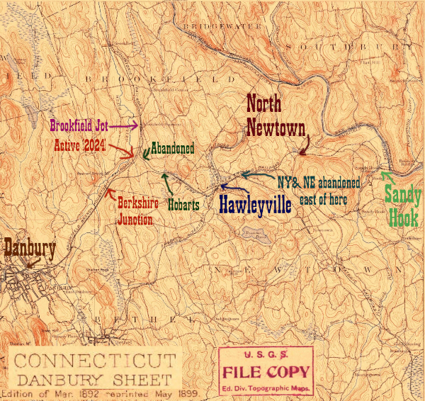 A view of the 1890s Danbury 15 Minute quadrangle, with stations from Danbury to Sandy Hook marked