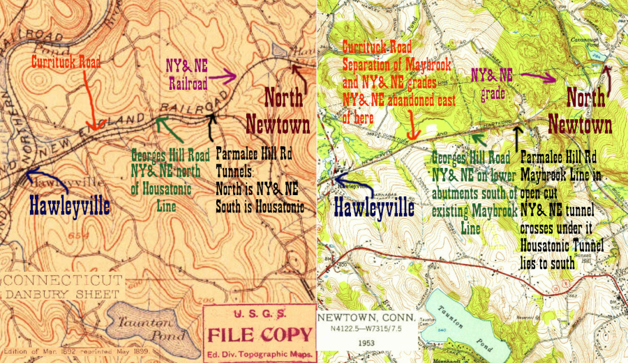 A side by side comparison of USGS maps from 1899 and 1953, showing the route of the railroad between Hawleyville and North Newtown