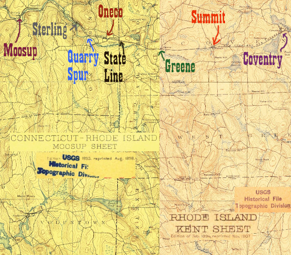 A combination of the 1890s Kent and Moosup quadrangles showing the station locations between Coventry and Moosup
