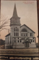 A 1911 (or earlier) view of Moosup United Methodist Church, tracks are in front
