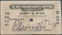 An undated (but NYNH&H era) agent's stub, from a Highland Division Local ticket sold to Plainville