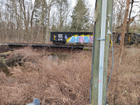 A gondola carries the end-of-train device across Merrick Brook