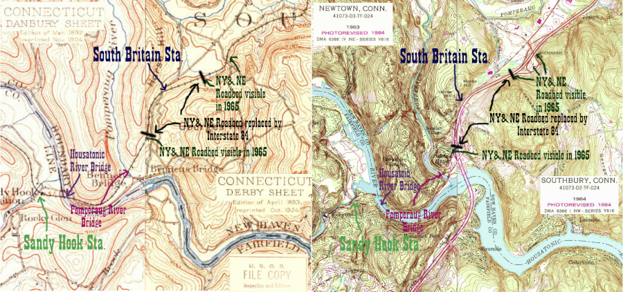 Snippets of 4 USGS topographic maps, generally from the 1890s and 1980s, showing the NY&NE right of way between Sandy Hook and I-84 Exit 14