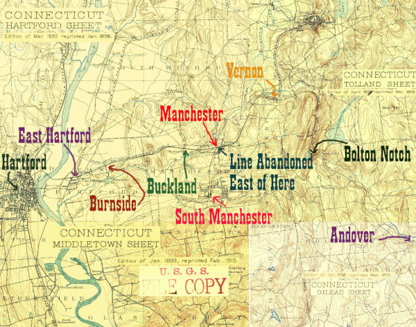4 USGS 15 minute quadrangles from the 1890s combined to show the rails east of Hartford
