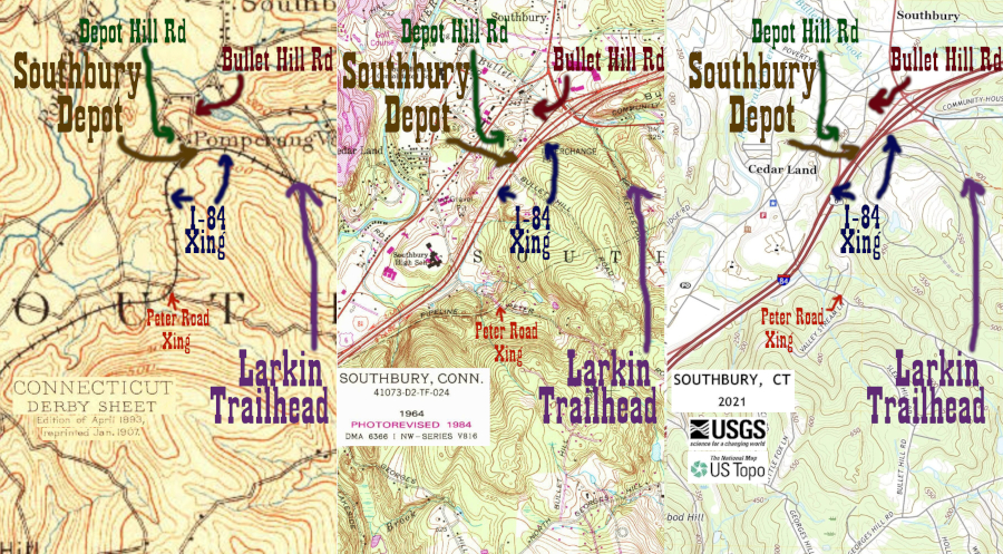 The relevant 1893, 1984, and 2021 USGS maps showing the land around the location of the former Southbury Depot and how it has changed