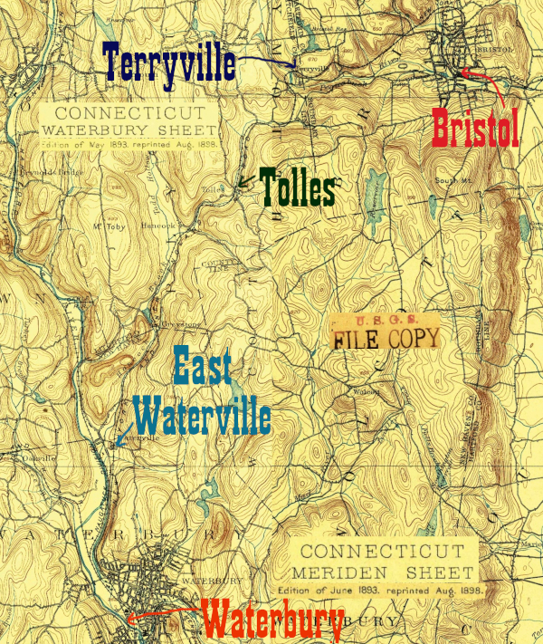 Portions of the 1890s Meriden and Waterbury 15 minute sheets, showing the stations between Bristol and Waterbury