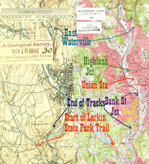 portions of the 1904 and 1968 USGS Waterbury Quadrangles marked for important  NY&NE sites