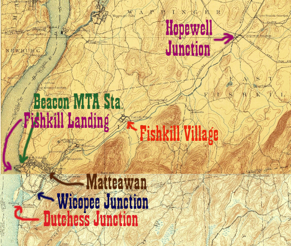 A map stitched togther from the 1890s USGS Poughkeepsie and West Point Quadrangles, showing the ND&C between Hopewell Junction and the Hudson River