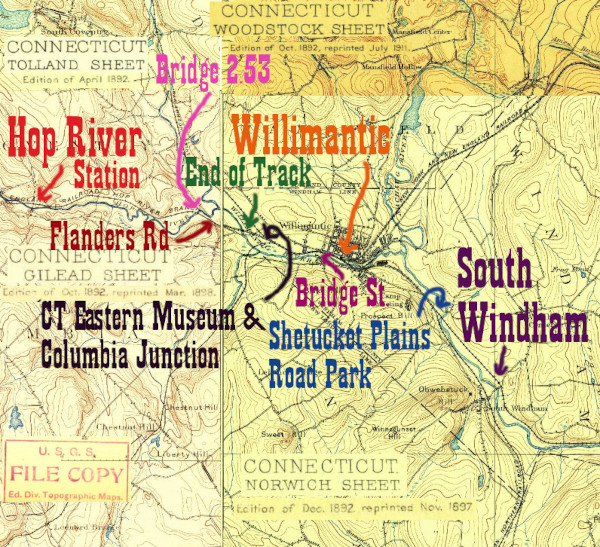 A snippet of 4 1890s USGS quadrangles showing the HP&F tracks in the Willimantic, CT area