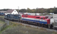 The two locomototives visible from the overpass, as seen from Recycling Way